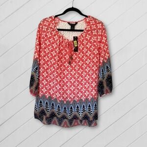 NWT Investments Red Boho Folk Print Blouse Small